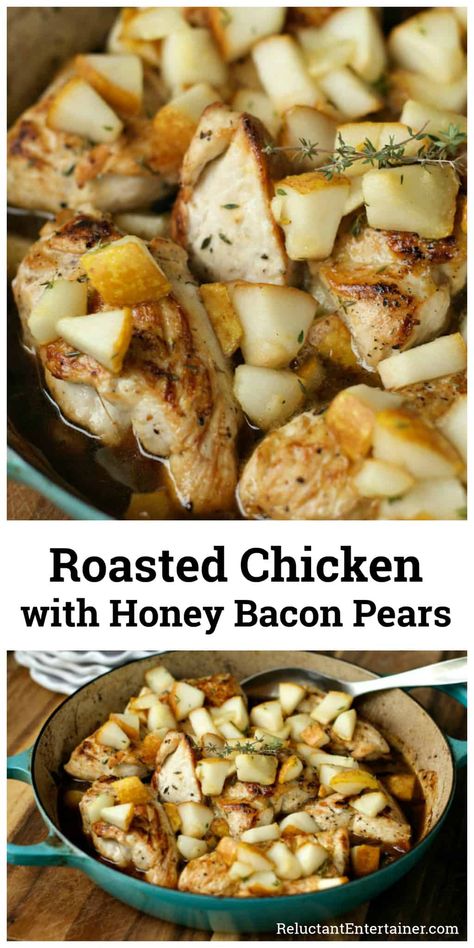 Roasted Chicken With Honey Bacon Pears, Chicken With Pears Recipes, Dinner Recipes Using Pears, Pear And Chicken Recipes, Chicken Pear Recipes, Bartlett Pears Recipes, Pear Chicken Recipes, Pear Main Dish Recipes, Pear Entree Recipes