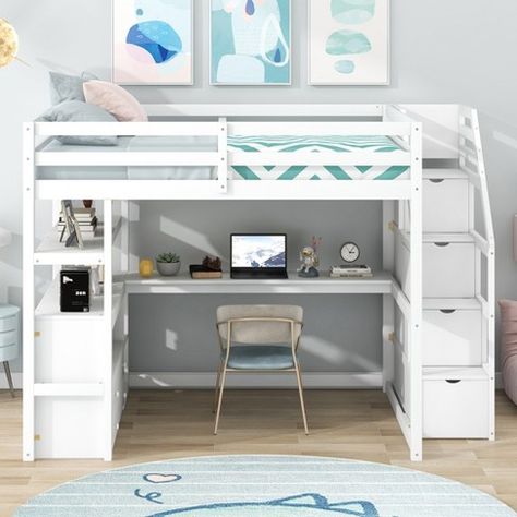 White Loft Bed With Desk, Loft Desk Bed, Lifted Bed With Desk, Bunch Bed With Desk, Desk Under Bed Ideas, Queen Loft Bed With Stairs, Low Loft Beds For Teens, Full Size Loft Bed With Desk, Teenager Loft Bed