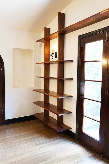 Walnut Built-in Bookshelves - Offerman Woodshop Loft Bookshelves, Mid Century Built Ins, Wood Shelf Ideas, Minimal Bookshelf, Rustic Bookshelves, Diy Wood Stain, Custom Bookshelves, Bookshelf Plans, Living Room Wall Units