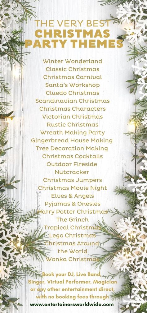 Different Christmas Theme Ideas, White Theme Christmas Party, Monthly Party Themes, Types Of Christmas Parties, Classy Christmas Party Themes, School Christmas Party Themes, Cute Christmas Themes, Christmas Banquet Themes, After Christmas Party Ideas