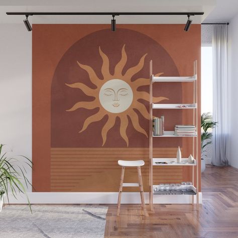 Yoga Studio Mural, Mid Century Mural, Boho Murals, Sun On Wall, 70s Mural, Boho Mural Wall, Sun Mural, Boho Mural, Boho Restaurant