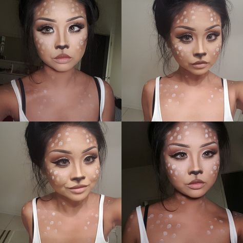 Doe Costume Halloween, Deer Makeup Halloween Aesthetic, Deer Halloween Makeup Tutorial, Bambi Makeup Deer Halloween, Pink Deer Makeup, Deer Makeup Black Woman, Deer Nose Makeup, Fawn Makeup Halloween, Deer Make Up Halloween