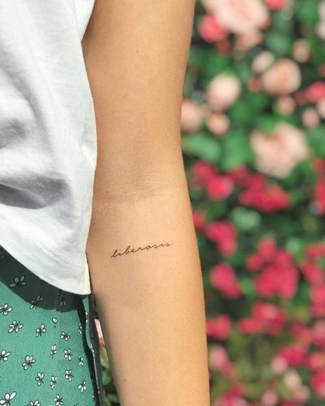 “Liberosis” is the desire to care less about something. Small Script Tattoo Placement, Small Script Tattoo, Script Tattoo Ideas, Script Tattoo Placement, Arm Tattoos Lettering, Design Tatuaje, Personalized Tattoos, Meaningful Word Tattoos, Tattoos Neck