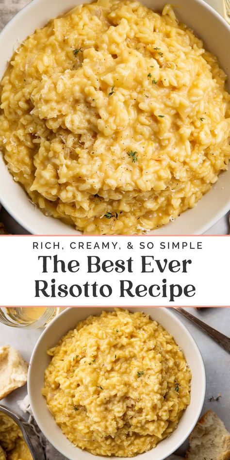 This is the BEST risotto recipe ever, and it's my most requested dish from family and friends. Rich and creamy, it reminds me of the risotto we've eaten in Italy but made easily in your very own kitchen. With plenty of freshly grated parmesan, a pinch of saffron if you have it, and enriched with some dry white wine, this risotto is the perfect accompaniment to chicken, salmon, or shrimp, or as a standalone dish to wow! Parmesan Rissoto Recipe, Chicken And Rice Risotto, Best Risotto Recipes Parmesan, Three Cheese Risotto, 4 Cheese Risotto, White Rice Risotto, Creamy Garlic Risotto, Creamy Risotto Recipes Parmesan, Creamy Chicken Risotto Recipe