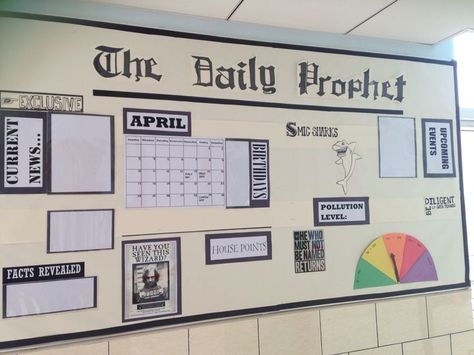 Our third grade news bulletin board. Harry Potter themed News Board Classroom, Classroom Harry Potter Theme, Daily Prophet Bulletin Board, Classroom News Bulletin Board, Classroom Decor Harry Potter, Harry Potter Classroom Theme Preschool, News Board Ideas, Harry Potter Inspired Classroom, Hogwarts Themed Classroom