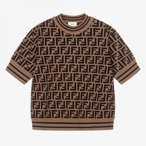 Fendi Top, Fendi Kids, Ff Logo, Logo Knit, Jacquard Pattern, Crop Sweater, Hooded Cardigan, Beige Sweater, Knitted Tshirt