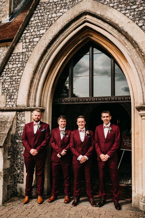 Wine Red Wedding Groomsmen, Groomsmen Red Attire, Red Suit Groomsmen, Red Wedding Theme Groomsmen, Christmas Wedding Suits Groom Attire, Christmas Groom Attire, Christmas Wedding Suit, Dark Red Groomsmen Attire, Dark Red Groom Suit