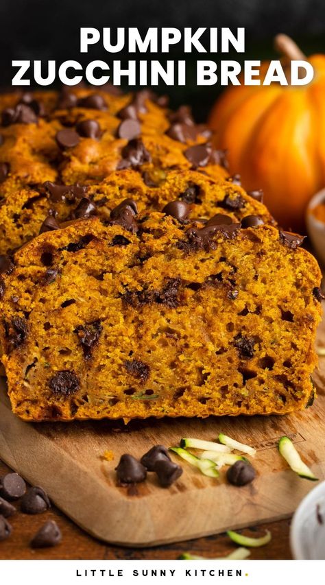 Extra moist and delicious, this Pumpkin Zucchini Bread recipe is so simple to make, and packed with warm pumpkin spice and sweet chocolate chips. Pumpkin Zucchini Chocolate Chip Bread, Gluten Free Pumpkin Zucchini Bread Recipes, Chocolate Pumpkin Zucchini Bread, Zucchini Bread Pumpkin, Extra Moist Zucchini Bread, Chocolate Chip Zucchini Bread Muffins, Pumpkin Bread With Pumpkin Seeds, Zucchini Bread With Pumpkin, Pumpkin Bread With Honey