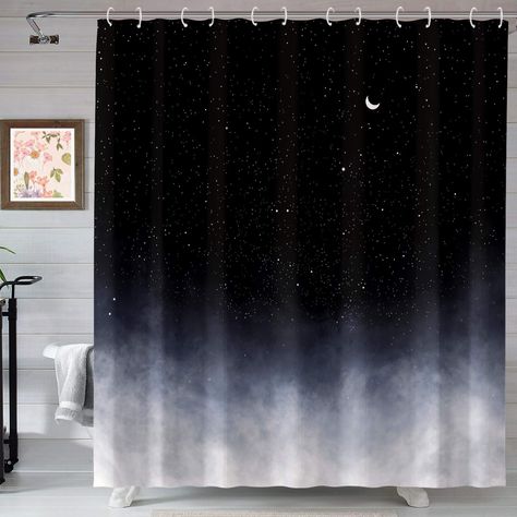 PRICES MAY VARY. ★Size: 72"wide x 72"high ★Product List: One Shower curtain and 12 hooks ★Unique Design: This black and white shower curtain combine night sky and new moo and stars together. It gives your bathroom a special feeling. ★Premium Quality & Print: 100% polyester fabric shower curtain with weight at the bottom. Waterproof, Wrinkle resistance, Shape retention, High strength, Elastic recovery.Vibrant colors, Clear image, Harmless and no fading. ★ Satisfaction: Contact us If you have any Moon Bathroom, Camper Decorations, Night Starry Sky, Black And White Shower Curtain, Star Bedroom, Black Shower Curtain, Handmade Cabinets, Bathrooms Ideas, Black Shower Curtains