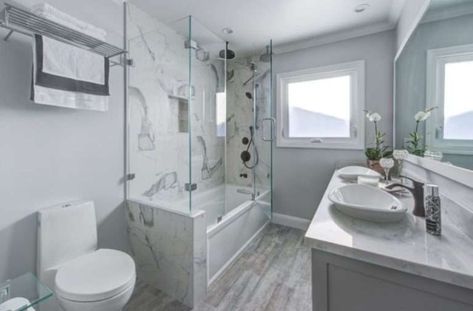 Explore 10 innovative tub shower combo ideas to revolutionize your space. Find inspiration for your next renovation on the blog! Showers With Tubs In Them, Modern Farmhouse Bathtub Shower Combo, Separate Shower And Tub Bathroom Layout, Tub Enclosure Ideas Bathtubs, Drop In Tub Shower Combo, Bathroom With Tub And Shower Layout, Tub Shower Combo Remodel Small Baths, Toilet Next To Bathtub, Small Bathroom Layout With Tub