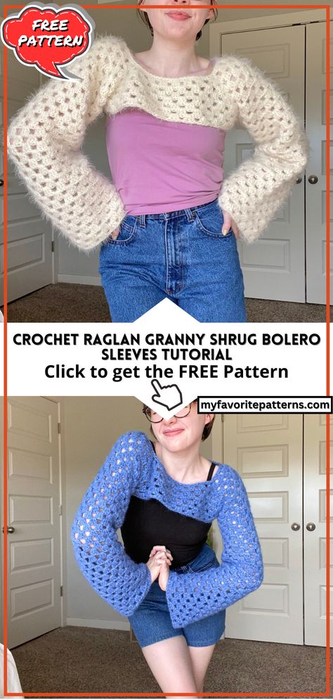 Crochet Raglan Granny Shrug Bolero Sleeves Tutorial Crochet Bolero Sleeves Pattern Free, Sweater Shrug Crochet, Crochet Granny Shrug Pattern Free, Crochet Crop Shrug, Crochet Granny Shrug, How To Crochet A Bolero, Shrug Free Crochet Pattern, Crochet Shrug Sleeves Pattern Free, Crochet Sweater Easy Free