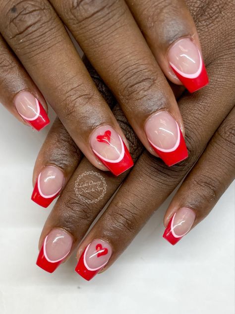 French Manicure With Heart, Nail February, Nail Design Heart, Nail Valentines Day, Valentine Nail Ideas, Natrual Nails, Red French Manicure, February Nails, Aesthetic Nails