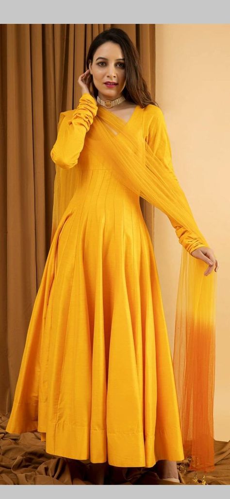 Yellow Churidar For Haldi, Yellow Long Frocks For Haldi, Yellow Long Dress Indian, Simple Haldi Dress Ideas For Bride, Yellow Frock For Haldi, Yellow Dress For Haldi Function Pakistani, Yellow Frock Suit, Designer Yellow Dress For Haldi Function, Yellow Kurti For Haldi Function