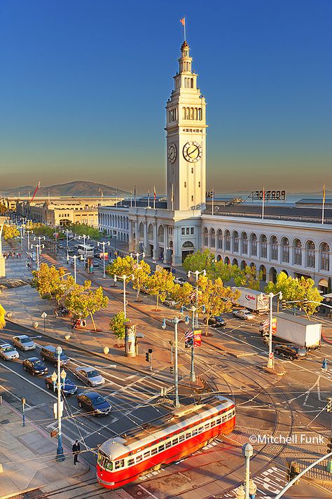 Orange Street Car And Ferry Building On Embarcadero, San Francisco By Mitchell Funk   www.mitchellfunk.com Embarcadero San Francisco, Coit Tower San Francisco, California Cities, San Francisco Pictures, West Coast Travel, San Francisco Photos, City Scapes, San Francisco Houses, Sao Francisco