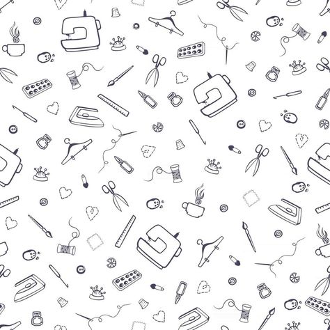 Vector seamless pattern with sewing and tailoring stuff. Sewing machine, scissors, sewing and other handicrafts items. Tailoring Background Images, Dressmaking Background, Tailoring Images, Sewing Tools Drawing, Tailoring Illustration, Sewing Symbols, Tailoring Background, Sewing Icon, Sewing Background