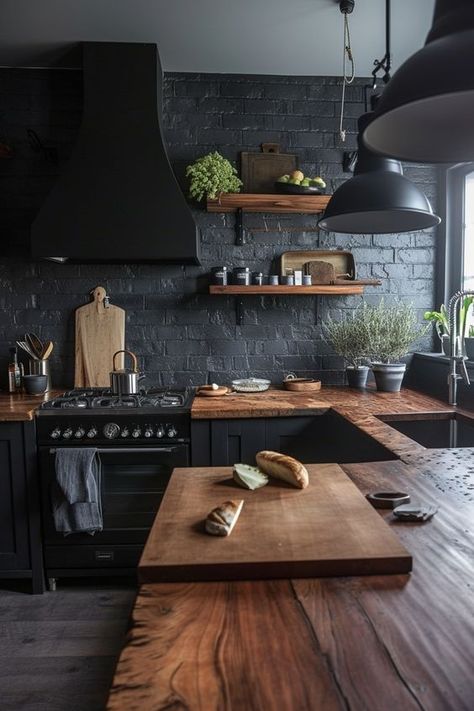 Are Dark Kitchen Cabinets Coming Back Into Style? Dark Wooden Kitchen, Moody Kitchens, Moody House, Moody Farmhouse, Dark Grey Kitchen Cabinets, Slate Kitchen, Moody Kitchen, Grey Blue Kitchen, Wooden Countertops