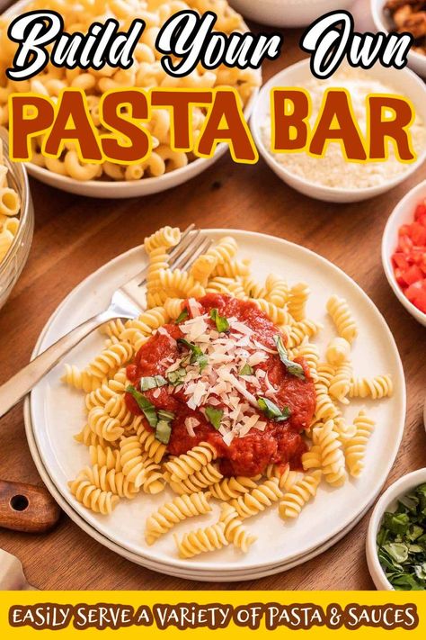 Pasta Bar is a great meal to prepare for a large family gathering or a weeknight dinner. It is a fun way to serve a variety of pasta and sauces. We love hosting family and friends for the big game and this DIY Pasta Bar is a great meal to prepare. Making a pasta station allows everyone to choose their favorite pasta and toppings. #eatingonadime #pastabar #easyrecipe Pasta For Crowd Parties, Pasta Bar Ideas Buffet Dinner Parties, Create Your Own Pasta Bar, Pasta Bar For A Crowd, Easy Pasta Bar Ideas, How To Do A Pasta Bar, Pasta For A Crowd Family Gatherings, How To Serve Spaghetti At A Party, Pasta Buffet Ideas Parties