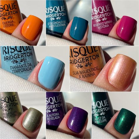 Swatches da coleção de Bridgerton da @risqueoficial 💖 Arrasta para o lado para conferir todas as cores 👉🏻 ———————————- #euquefizrisqué #risquédasemana #risqué #bridgertonrisqué #bridgertonnetflix Nails, Beauty