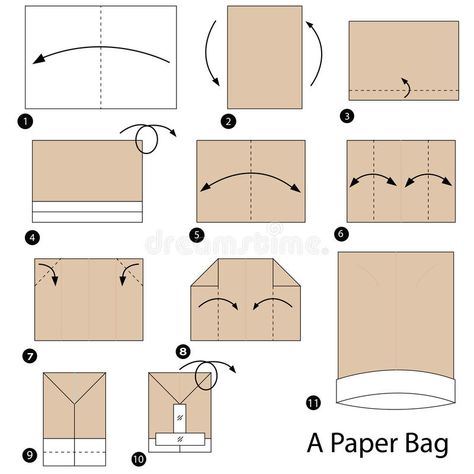 Step by step instructions how to make origami A Paper Bag. Toy cartoon cute paper steps origami art stock illustration Paper Bag Origami, How To Make Paper Bags Step By Step, Origami Paper Bag, Diy Gift Bags Paper, Origami Gift Bag, Origami Wallet, Diy Hello Kitty, How To Make A Paper Bag, Diy Paper Bag