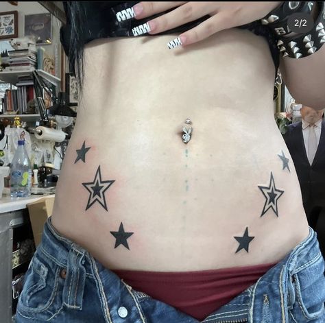 Lower Stomach Hip Tattoo, Star Tattoo Pelvis, Star Belly Tattoo, Stars Hip Tattoo, Star Stomach Tattoos, Midriff Tattoo, Low Stomach Tattoo, Pelvis Tattoos Women, Star Hip Tattoo