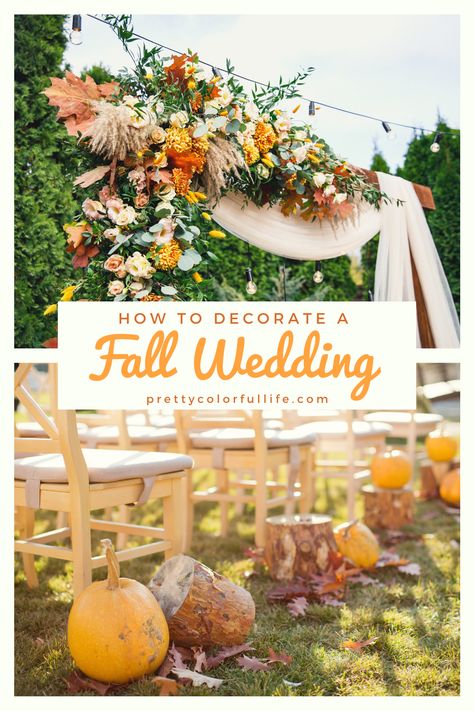 Host a small fall wedding this October in your backyard on a budget. Decorate your autumn wedding with fall flowers, pumpkin wedding decor and rustic wedding centerpieces. No matter your fall color scheme, this selection of rustic fall wedding ideas will transform your wedding. #octoberwedding #novemberwedding #fallwedding #pumpkincenterpiece #rusticwedding #bohowedding #octobercolorpalettes Fall Wedding Backdrops Diy, Pumpkin Fall Wedding Decor, Pumpkins Wedding Decorations, Fall Backyard Wedding Reception, Outdoor Fall Wedding Decor, September Wedding Decorations, Fall Wedding Backdrops, Simple Fall Wedding Decor, Fall Wedding On A Budget