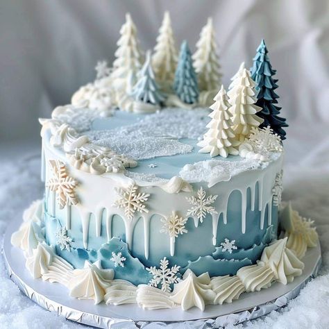 Snow Cake Design, Christmas Cake House, Yeti Birthday Cake, Snow Cake Ideas, 1st Birthday Cake Winter, Winter Wonderland Party Cake, Winter Cookie Cake Ideas, Skiing Birthday Cake, Winter Snowflake Cake