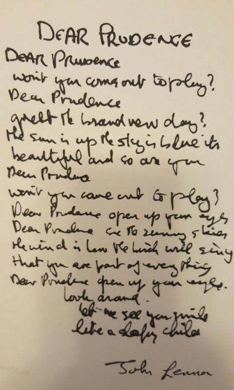 Dear Prudence handwritten Lyrics Handwritten Lyrics, Dear Prudence, Maharishi Mahesh Yogi, Jerry Garcia Band, Siouxsie And The Banshees, Back In The Ussr, Lennon And Mccartney, The White Album, Instant Karma