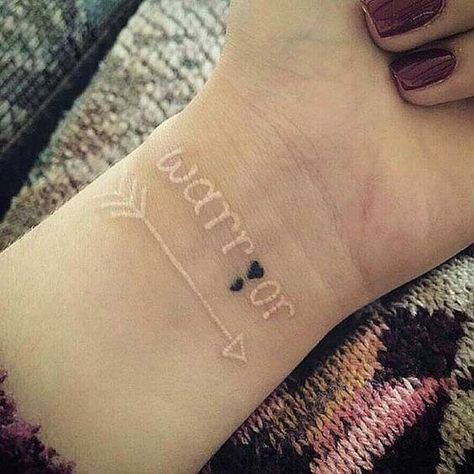 semicolon-tattoos-03 Arrow Tattoo On Wrist, Small Tattoo Placement, Arrow Tattoo Design, Tattoo Wrist, White Ink Tattoo, Semicolon Tattoo, Arrow Tattoo, Cool Small Tattoos, White Tattoo