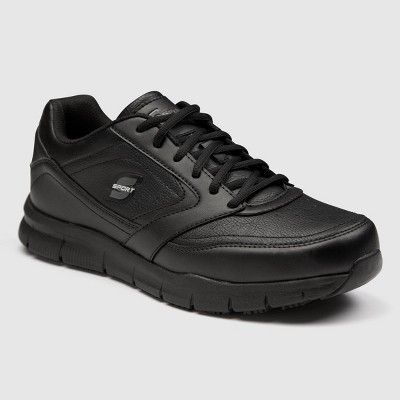 Black Work Shoes, Comfortable Work Shoes, Sneaker Design, Slip Resistant Shoes, Work Sneakers, Mens Skechers, Work Shoe, Black 13, Skechers Shoes