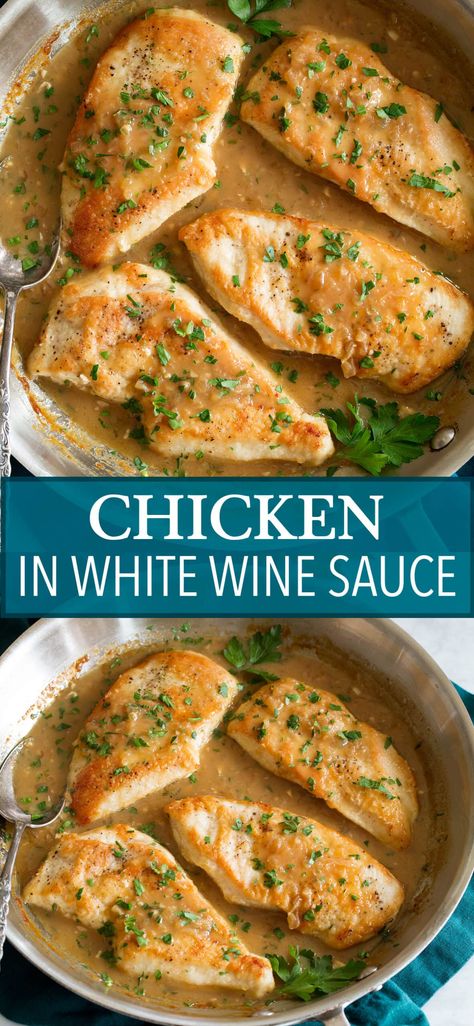 Chicken in White Wine Sauce - it's one of the most delicious ways to finish pan seared chicken! It is brimming with flavor and easy to prepare. Recipe on cookingclassy.com. Chicken Cooked In White Wine, Chicken Recipe With White Wine, White Wine Turkey Recipe, Chicken Cutlet White Wine Sauce, Crispy Chicken With White Wine Pan Sauce, White Wine Reduction Sauce Chicken, White Wine Cooking Recipes, Sauces With White Wine, Baked Chicken In White Wine Sauce