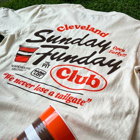 Every Sunday is a "Fun"day during Cleveland Football season! Whether your go-to tailgate spot is the Muni Lot, Warehouse District or The Pit, gear up for Game Day in this Unisex Crew T-shirt. Designed and printed right here in Cleveland on a super soft, relaxed fit, pre-shrunk, garment dyed and washed tee. 100% cotton. Note: This is a different fit from our normal tees. The tee runs shorter and has trendy boxy cut. Slight color variations may occur, given the pigment dyeing process. *This produc Fundraising Shirt Ideas Design, Cute Club Shirt Designs, Club Tshirt Designs Schools, Retro Shirt Design Graphic Tees, Restaurant Tee Shirt Design, Classic T Shirt Design, Field Day T Shirts, Fun T Shirt Ideas, Graphic Tee Inspo Design