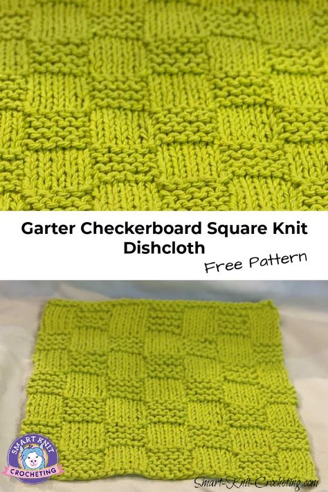 Garter stitch Checkerboard Square Knit Stitch worked in green cotton.  Free pattern Knit Christmas Dishcloth Pattern Free, Knit Checkerboard Pattern, Knitted Squares Pattern, Crochet Tension, Knitted Squares, Fireplace Hanging, Knitted Dishcloth Patterns Free, Beginner Knit, Knit Dishcloth Pattern