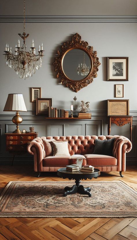 Bring old-world charm into your home with these stunning vintage room ideas. This pin showcases how to mix antiques, classic furniture, and nostalgic decor to create an elegant, timeless space that never goes out of style. Perfect for those who love history and character in their design! Antique French Interior Design, Antique And Contemporary Decor, Gothic Interior Architecture, Vintage Sitting Room Ideas, Old Money Aesthetic Living Room, 1920s Decor Interior Design, Dark Academia Staircase, Antique Interior Design Vintage Modern, Victorian Interior Design 19th Century