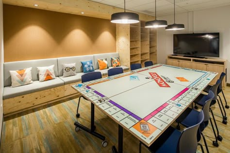 Monopoly Interior Design, Small Board Game Room, Fun Game Room Ideas, Boardgame Room Idea, Boardgame Cafe Design, Board Game Room Design, Entertainment Room Ideas Family, Board Games Room, Office Games Room