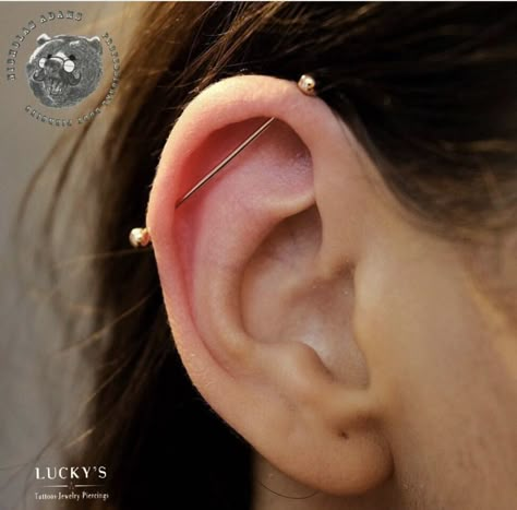 Industrial Piercing Jewelry Simple, Minimal Industrial Piercing, Piercing Inspo Ear Industrial, Earrings For Industrial Piercing, Styled Industrial Piercing, Industrial Piercing Two Earrings, Ear Piercings Inspo Industrial, Good Industrial Piercing, Minimalist Industrial Piercing