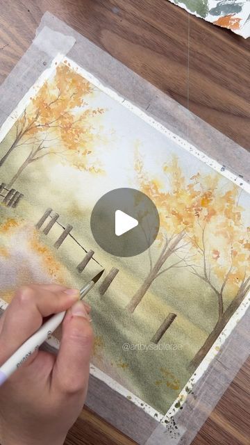 Sable on Instagram: "Bringing a little more atmosphere into this fall piece. Love the effect and especially the mini 😊  #watercolor #watercolorpainting #autumn #fallvibes #fallpainting #atmospheric #nature #watercolortrees" Autumn Tree Watercolor Tutorial, Fall Watercolour Tutorials, Fall Art Tutorials, Fall Watercolor Tutorial Videos, Watercolor Autumn Trees, Watercolor Landscape For Beginners, Autumn Paintings Easy, Watercolor Tutorials For Beginners, Watercolor Art Lessons Tutorials