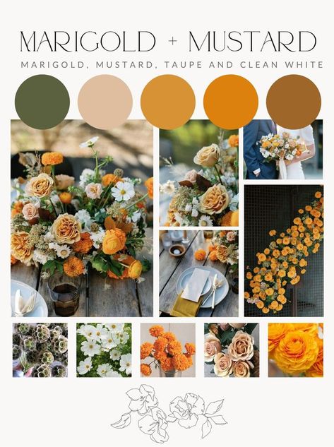 Fall Wedding Colors Mustard Yellow, Green And Mustard Wedding Colors, Sage And Marigold Wedding, Mustard Yellow Fall Wedding, Mustard Wedding Palette, Marigold Colour Palette, Mustard Color Wedding Theme, Marigold Color Palette Weddings, Mustard Wedding Colors Colour Palettes