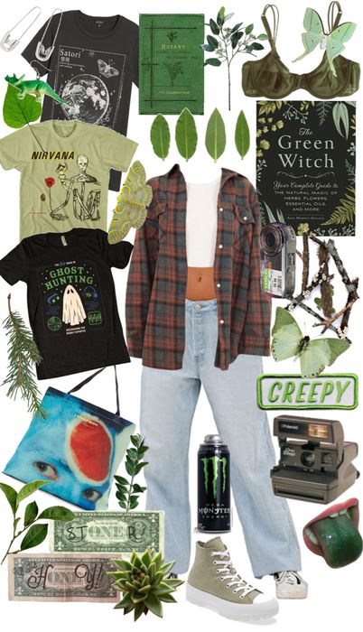 Green Witch Clothes, Witchy Astethic Outfits, Witch Asthetics Outfit, Green Witch Outfit Aesthetic, Earth Witch Aesthetic Outfit, Swamp Witch Aesthetic Fashion, Garden Witch Outfit, Everyday Cottagecore, Green Witch Fashion