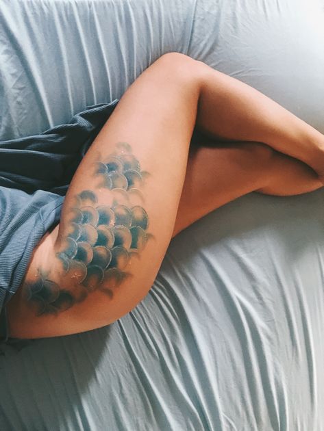 Mermaid Tattoo Scales, Mermaid Scales Tattoo Thigh, Mermaid Scales Tattoo Hip, Mermaid Dragon Tattoo, Scales Tattoo Mermaid, Fish Gills Tattoo, Mermaid Scale Tattoos, Coral Fish Tattoo, Cool Mermaid Tattoos