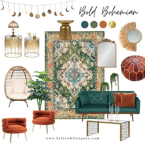 Bold Bohemian Interior Design Mood Board by KylieWhiteSpace Boho Bold Living Room, Bohemian Style Interior Design Bedroom Ideas, Elegant Bohemian Living Room, Eclectic Design Mood Board, Luxe Bohemian Decor, Boohoo Interior Design, Bold Bohemian Living Room, Bohemianism Interior Design, Bohemian Chic Decor Interior Design