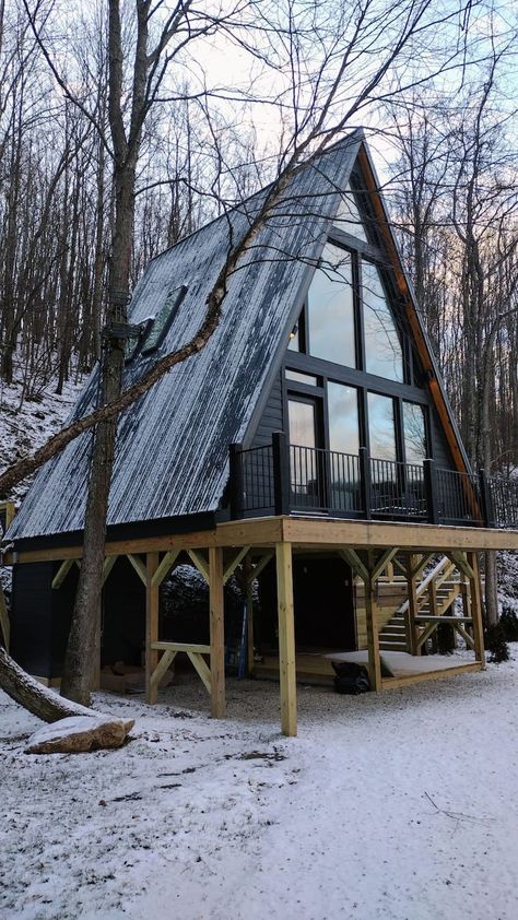 A Frame Stilt House, A Frame House On Stilts, Tiny Home On Stilts, Wolf Cabin, Small A Frame Cabin, Cabin On Stilts, Barn Dominium, Frame Cabins, Modern A Frame