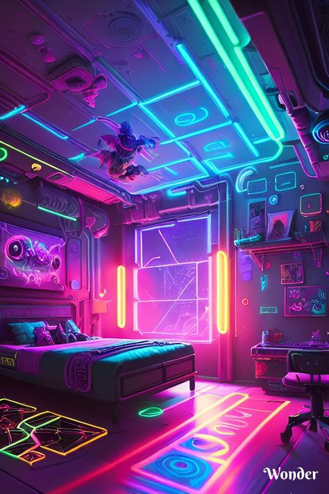 Bedroom Cyberpunk, Cyberpunk House Interior, Retrofuturism Design, Cyberpunk Aesthetic Room, Cyberpunk Room Interiors, Black Lights Bedroom, Cyberpunk Interior Design, Cyberpunk Bedroom, Cyberpunk House