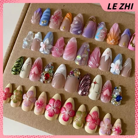 Handwork 3D Gel French Press On Nails Party Sticker Romance Flower Gel Shell Bow Diamond Almond Dreamy Nail Designs, Summer Nail Sets, Nail Ideas Chrome, Vacation Nails Summer, Nails Vacation, Acrylics Nails, Nails March, Nails Floral, Nails Flowers