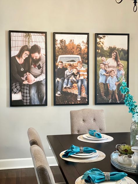 Smallwood Pictures Dining Room, Living Room Big Picture Ideas, Family Gallery Wall Dining Room, Canvas Family Pictures Wall, Big Portraits On Wall Living Room, Large Family Photo On Wall, Dining Room Canvas Wall Decor, Smallwoods Gallery Wall Dining Room, Large Canvas Family Photo Wall