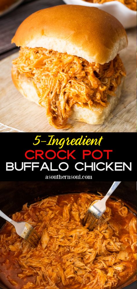 5-Ingredient Crock Pot Buffalo Chicken Crockpot Meals Buffalo Chicken, Chicken Crockpot Recipes Sandwich, Buffalo Chicken Salad Crockpot, Slow Cooker Buffalo Chicken Sandwiches, Crockpot Meal For Party, Crockpot Meals For Football Games, Crock Pot Chicken Sandwich Recipes, 5 Ingredient Crockpot Chicken, Crock Pot Chicken Sliders