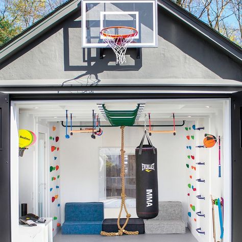 Play Area In Garage, Garage Play Area For Kids, Garage Converted To Playroom, Garage Flex Space, Garage Play Area, Garage Multipurpose Room, Garage Into Playroom, Garage Playroom Conversion, Fitness Room Ideas Home