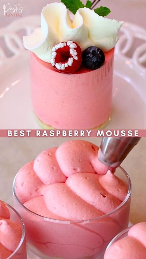 a small raspberry mousse cake on a plate and piping the mousse in a glass cup Raspberry Mousse Recipe, Mousse Recipes Easy, Cake Filling Recipes, Raspberry Desserts, Raspberry Mousse, Mousse Dessert, Raspberry Recipes, Cake Fillings, Mousse Recipes