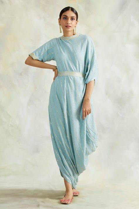 Buy Palak & Mehak Blue Rayon Crepe Striped Cowl Dress Online | Aza Fashions Cowl Dress Indian, Indian Blue, Cowl Dress, Dress Indian, Embroidered Neckline, Indian Fashion Designers, Designer Gowns, Kids Sleepwear, Pop Up Shop