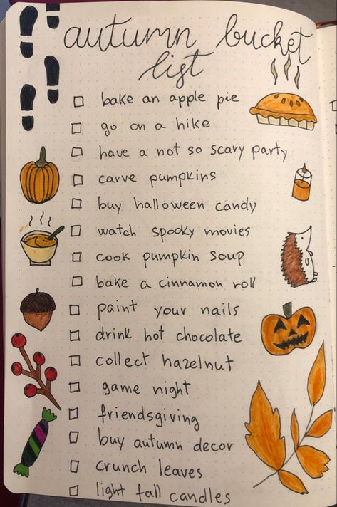 Fall Things To Do When Bored, Cute Fall Journal Ideas, White Board Ideas Drawings Fall, Autumn Bucket List Journal, Autumn Aesthetic Journal, Cute Fall Things To Draw, Fall Journaling Ideas, Fall Notebook Ideas, Autumn Things To Draw