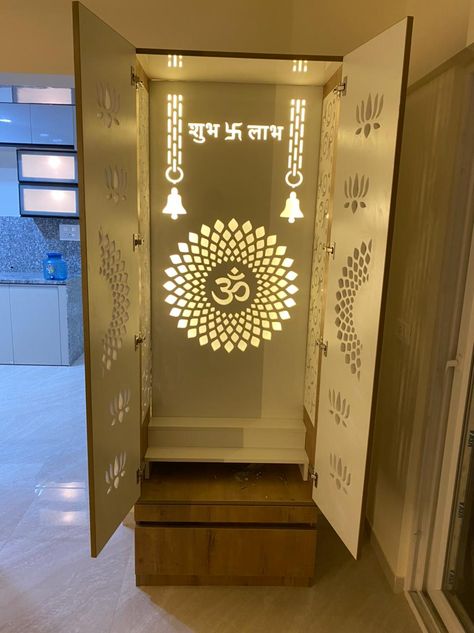 Puja Room Cnc Design, Pooja Room Lighting Ideas, Cnc Pooja Room Design, Mandir Om Design, Pooja Cnc Design, Temple Cnc Design For Home, Mandir Cnc Design, Om Design For Mandir, Pooja Design Modern